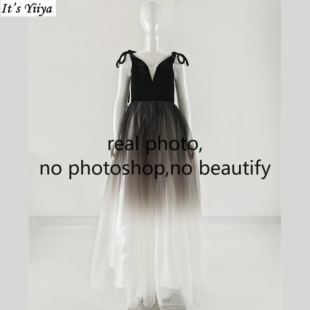 

It is Yiiya Real Photo Evening Dress Gradient Black Velvet Spaghetti Straps A-line Floor Length Women Party Gowns Robe De Soiree