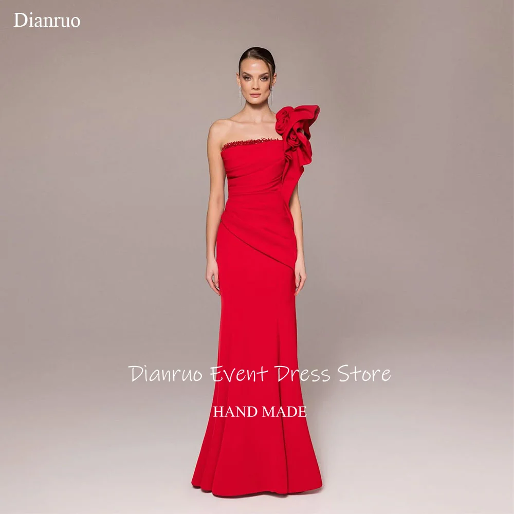 

Dianruo Red One Shoulder Evening Dress Elegant Satin Ruffles Vestidos De Fiesta Pleat Mermaid Wedding Party Dress Customized
