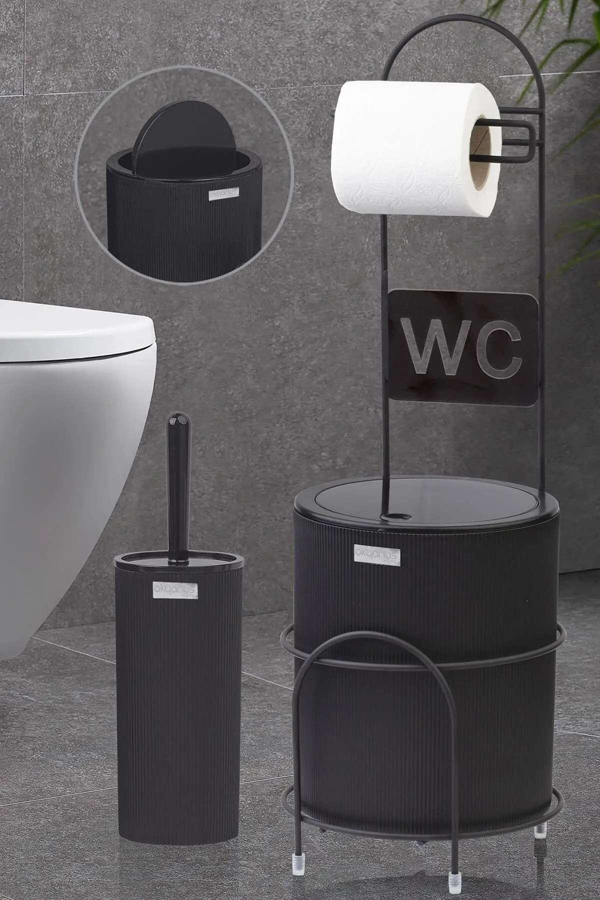 2 piece bathroom WC with stand Black Mina Round Trash Can and WC Brush Set Paper Holder hard plastic