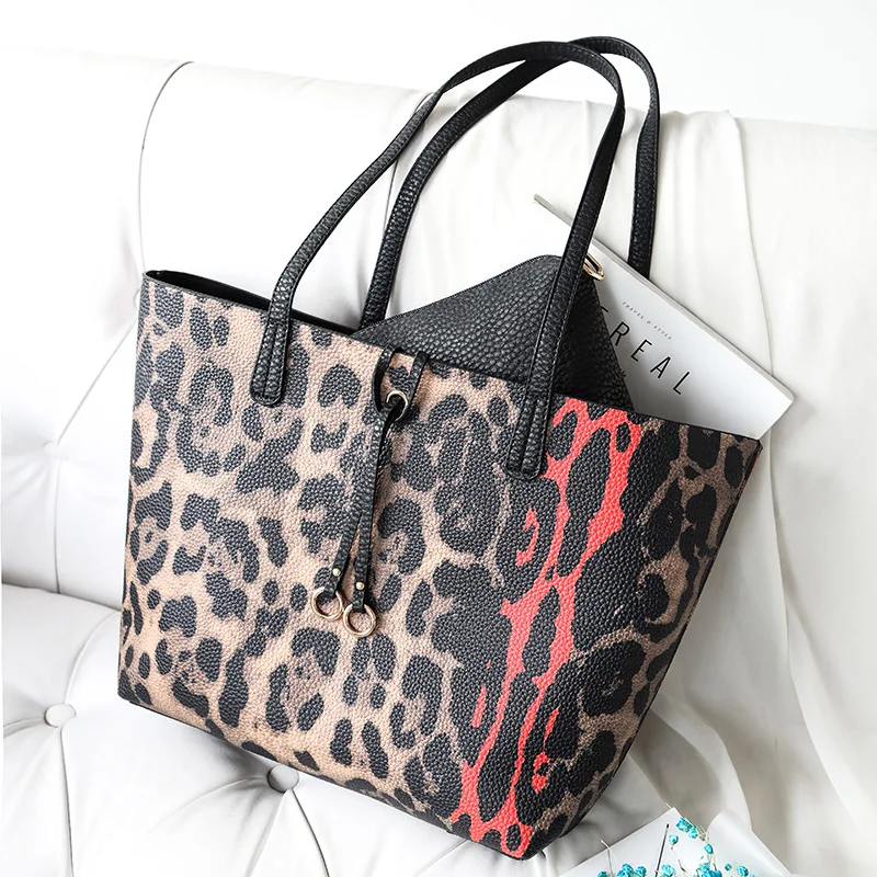 

Fashion Leopard Printed Women Leather Handbags Large Capacity Casual Tote Shopper Purses 2pcs Composite Bags