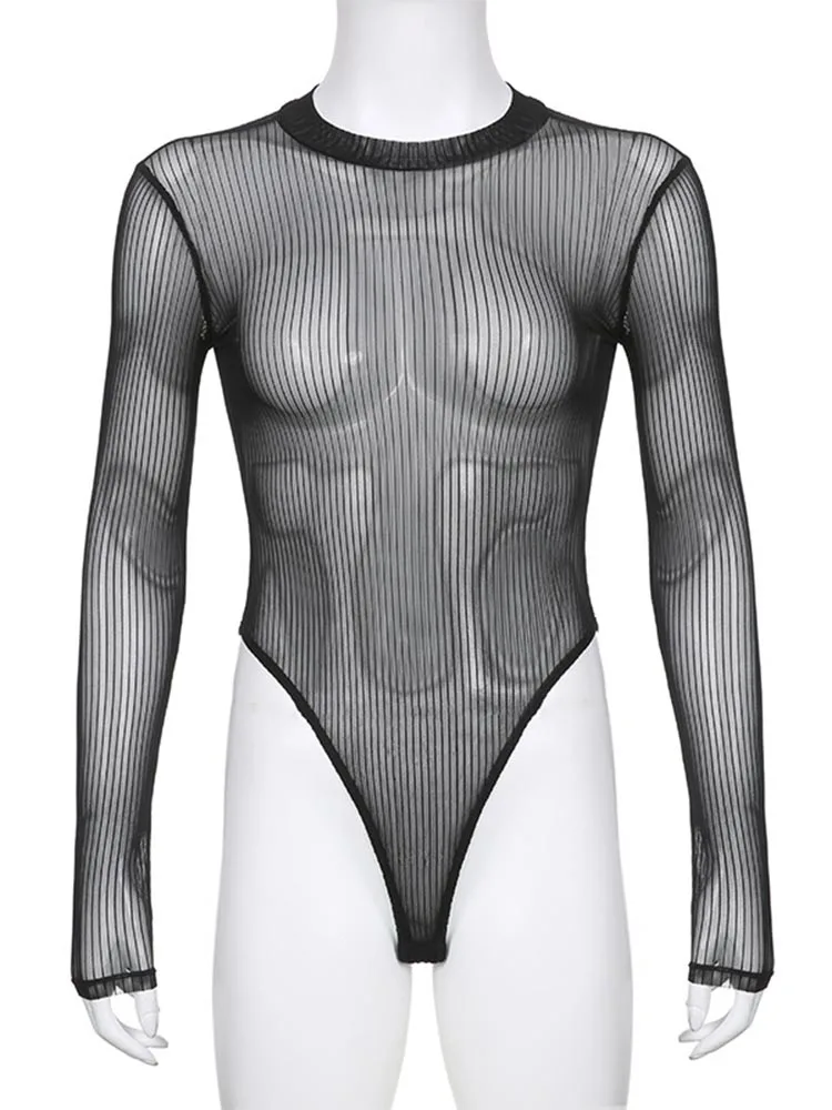 Hot girl vertical striped see through mesh jumpsuit with long sleeves, hollowed out backless, slim fit jumpsuit bottom top