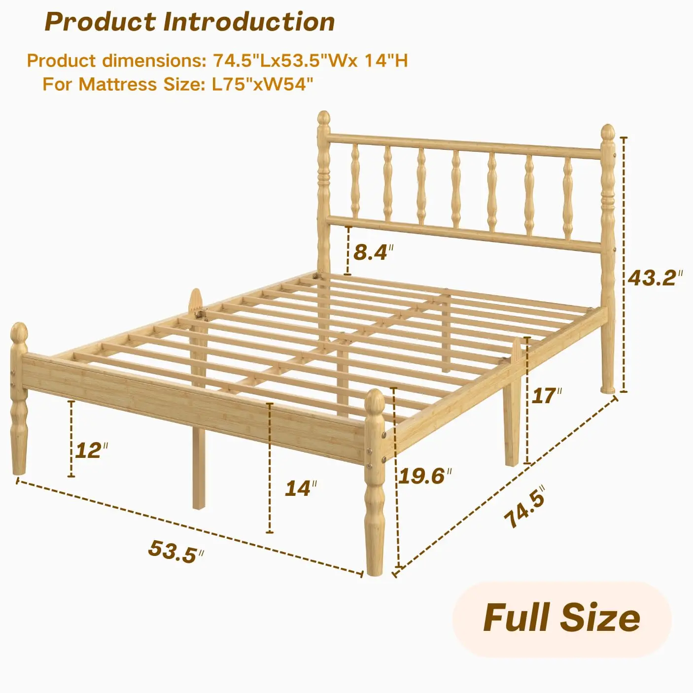 Full Bed Frame Headboard, 14 Inch Wood Storage Bed, Mid-century Spindle Legs, Easy Assembly Quiet Slip-free, Customized