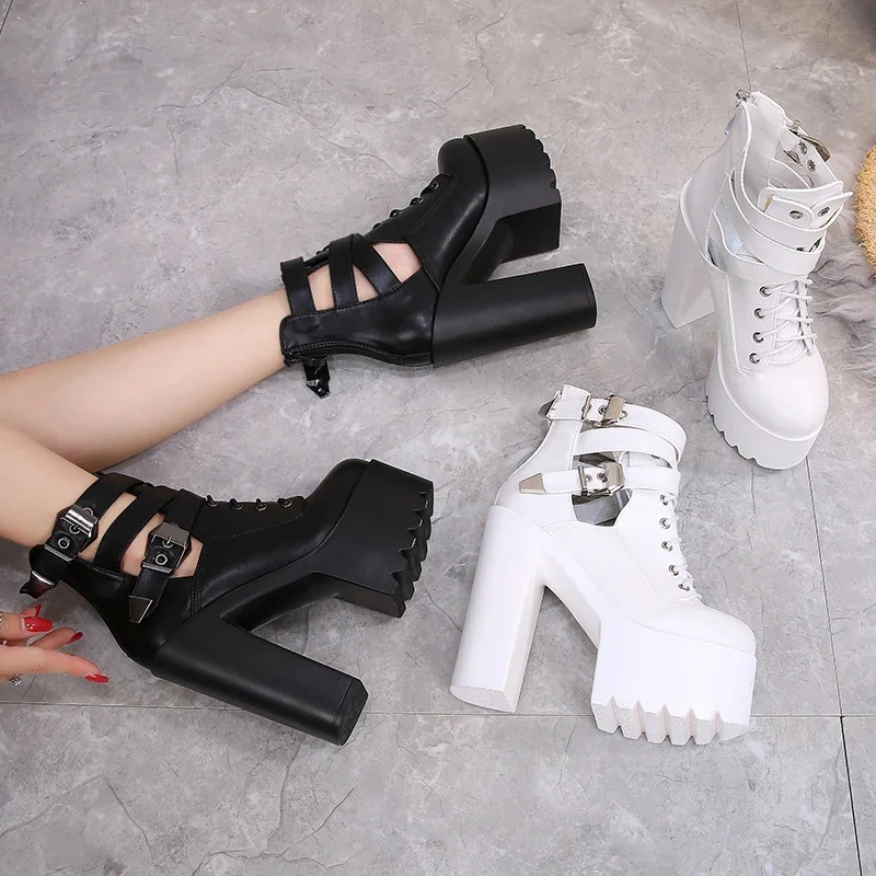Women Boots thick-bottomed Short Boots White Super High With Punk Performance high-heeled Short Shoes black 14CM