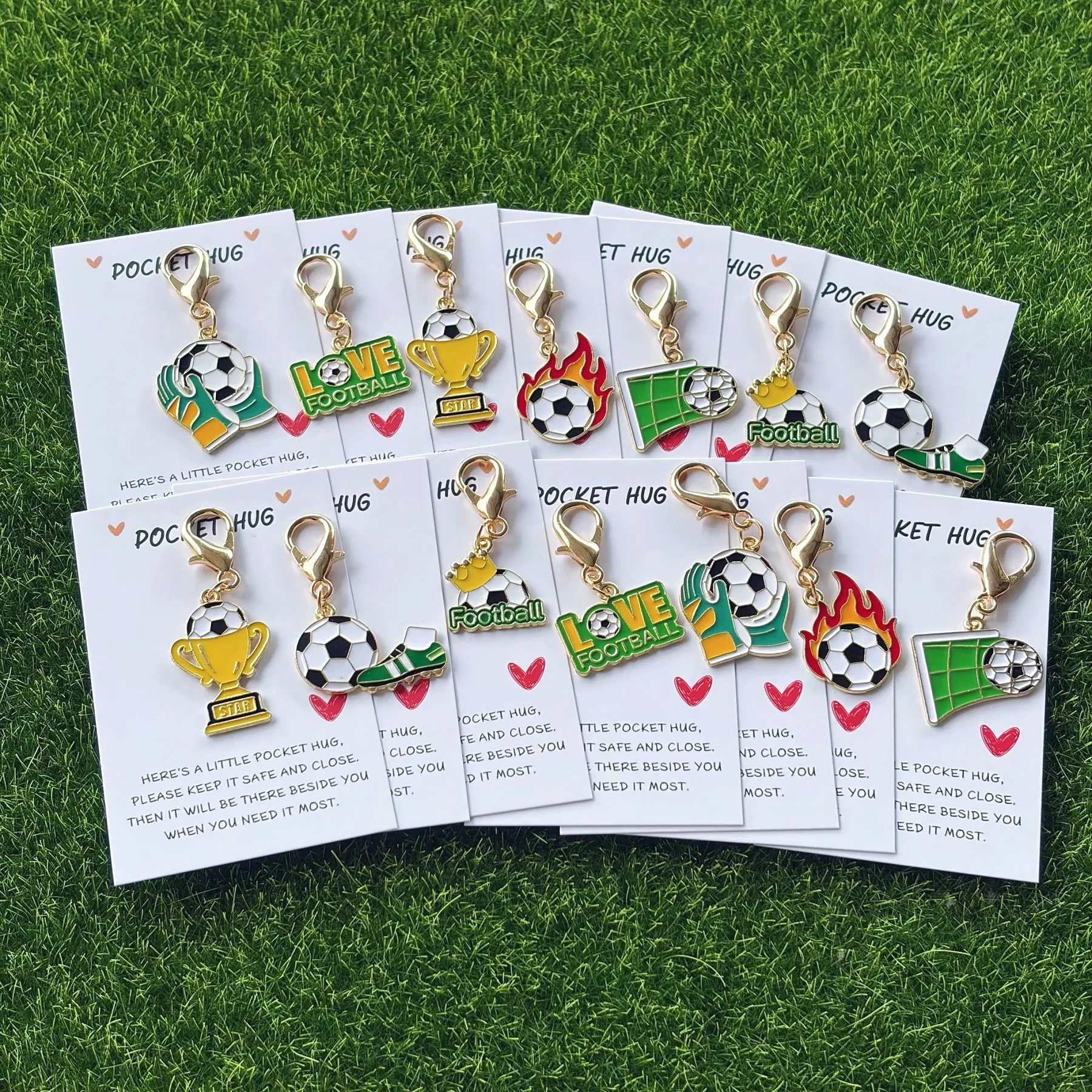 7/14pcs Football Sports Keychain Set, 2D Flat Design with Pocket Hug Card, Perfect Gift for Soccer Fans, Bag Car Accessory Souve