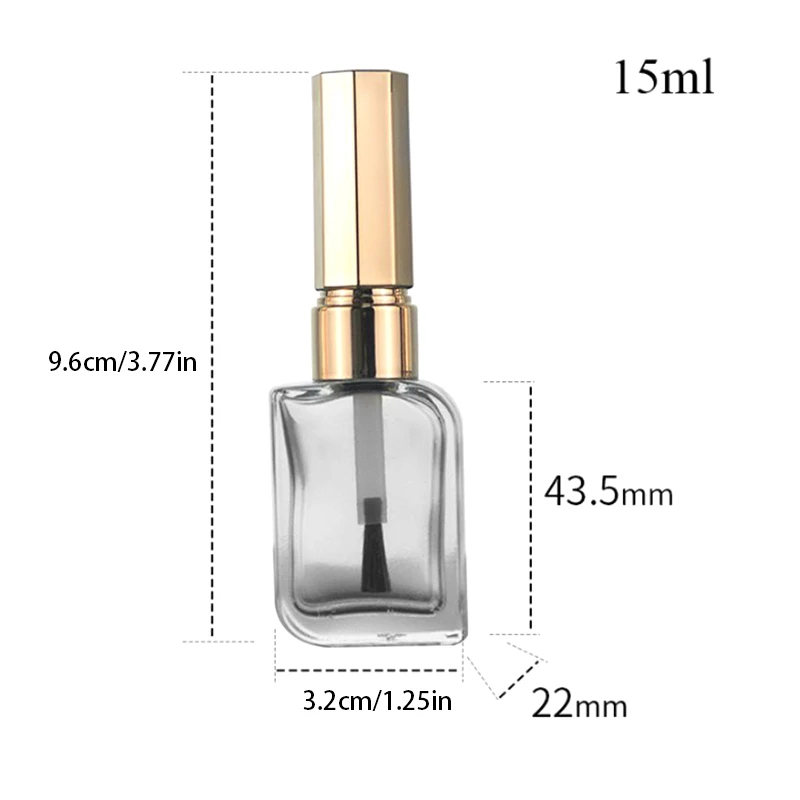 Frasco de esmalte com tampa, Escova Cosméticos Recipientes, Garrafas De Vidro Com Escova, Tampa Dourada e Prateada, 15ml