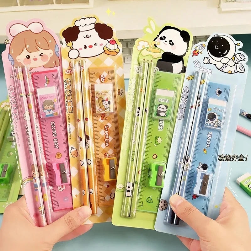 Cartoon 5-Piece Pencil Set for Back-to-School Eraser Ruler Sharpener 8 Colors (Pink/Yellow/Green/Blue & More) for Students