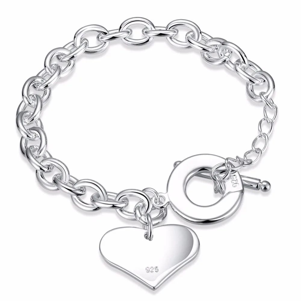 Lekani Fashion Smooth Love Heart Charm Bracelet For Women 925 stamp silver color Bracelets Female Hand Chain Wristband Pulseira