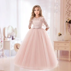 Teenage Girls Party Dress Lace Flower Half Sleeve Events Costume 6 8 12 14 Ys Bridesmaid Clothes for Wedding Kids Gala Long Gown