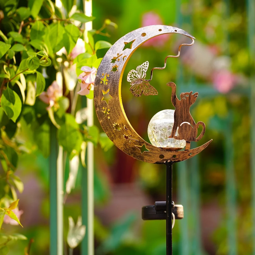 Solar Cat Moon Shaped Iron Lamp Outdoor Garden Decorative Lighting Automatic Sensor Solar Powered Outside Backyard Lights