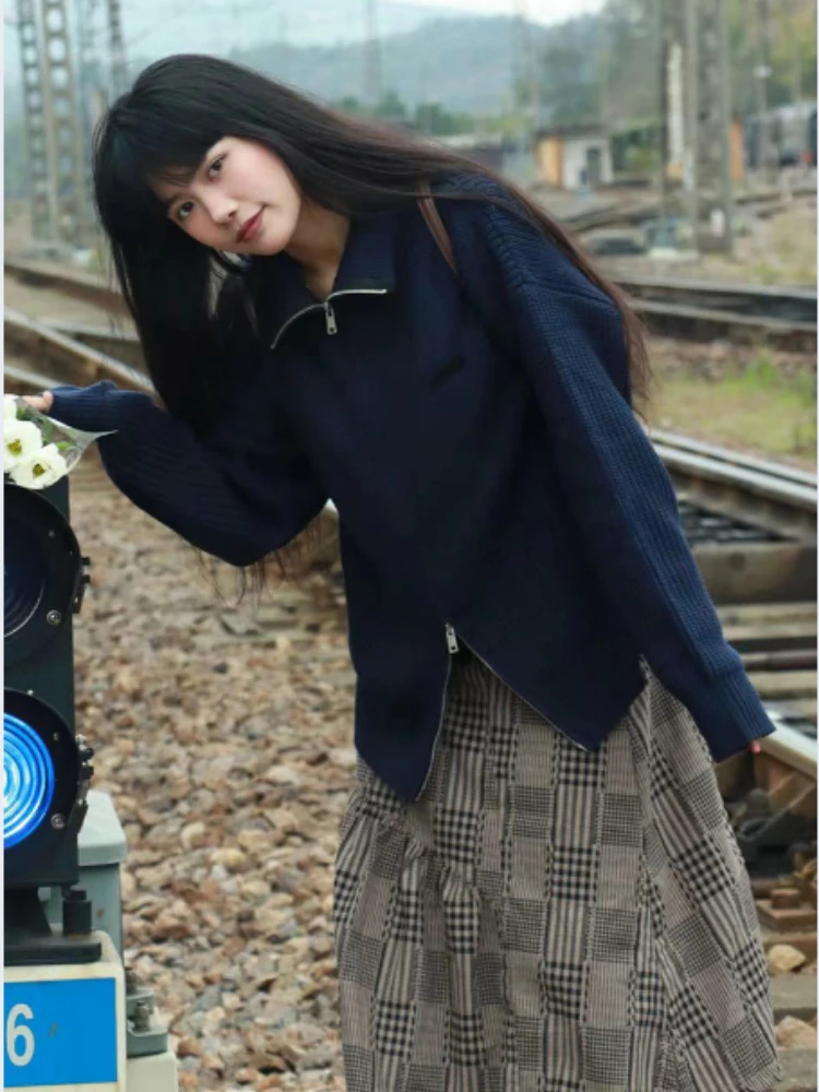 2024 New Ins Autumn and Winter Korean Style Knitted Double Zipper Cardigan Turtleneck Coat Solid Color Commuter Sweater Top