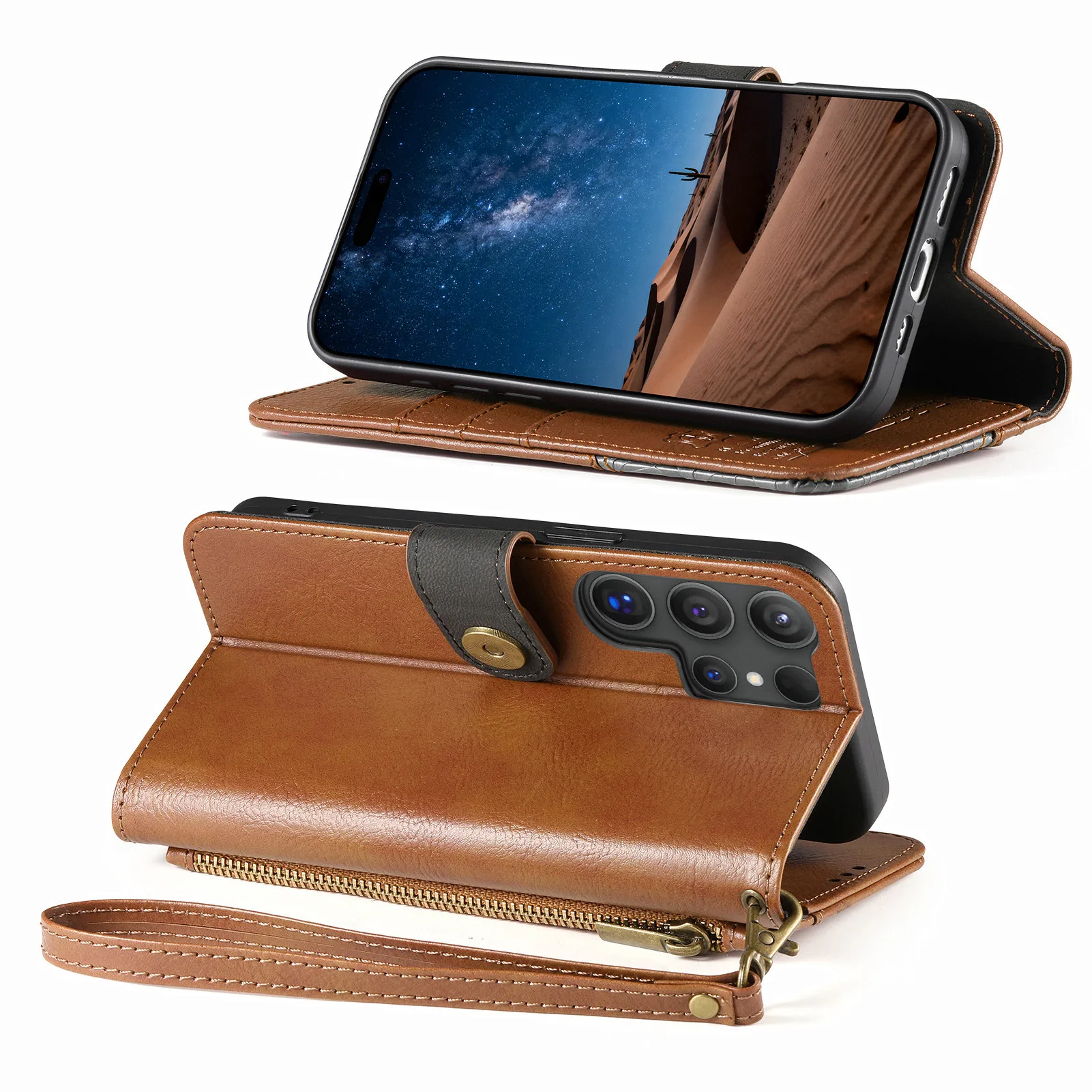 Zipper Wallet Leather Case For Samsung S26 25 24 23 Plus Ultra FE For Samsung A15 A16 17 A33 A34 A35 Lanyard Phone Case Cover view 2