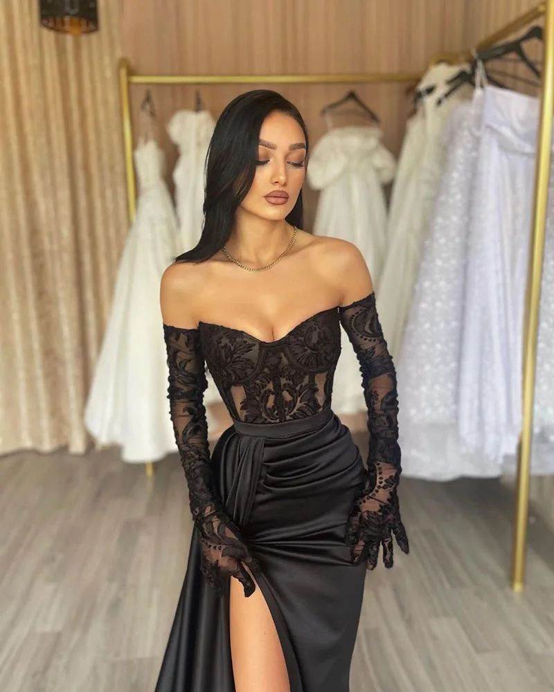 SoDigne Black Mermaid Evening Dresses Sequined Long Sleeves Formal Party Dress Pleated High Split Women Special Prom Gowns