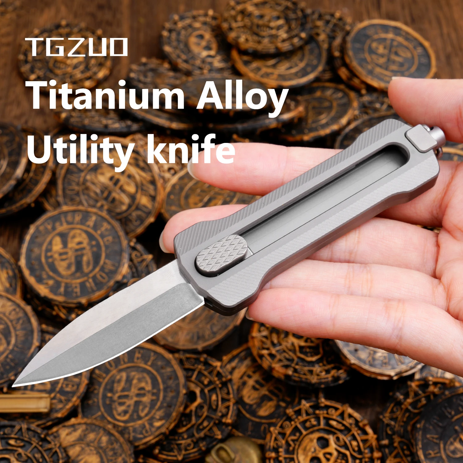 

Titanium Alloy EDC Pocket Knife,D2 Steel Fixed Blade,With Window Breaker,for outdoor camping Hunting Hiking,Small Cutting Tool