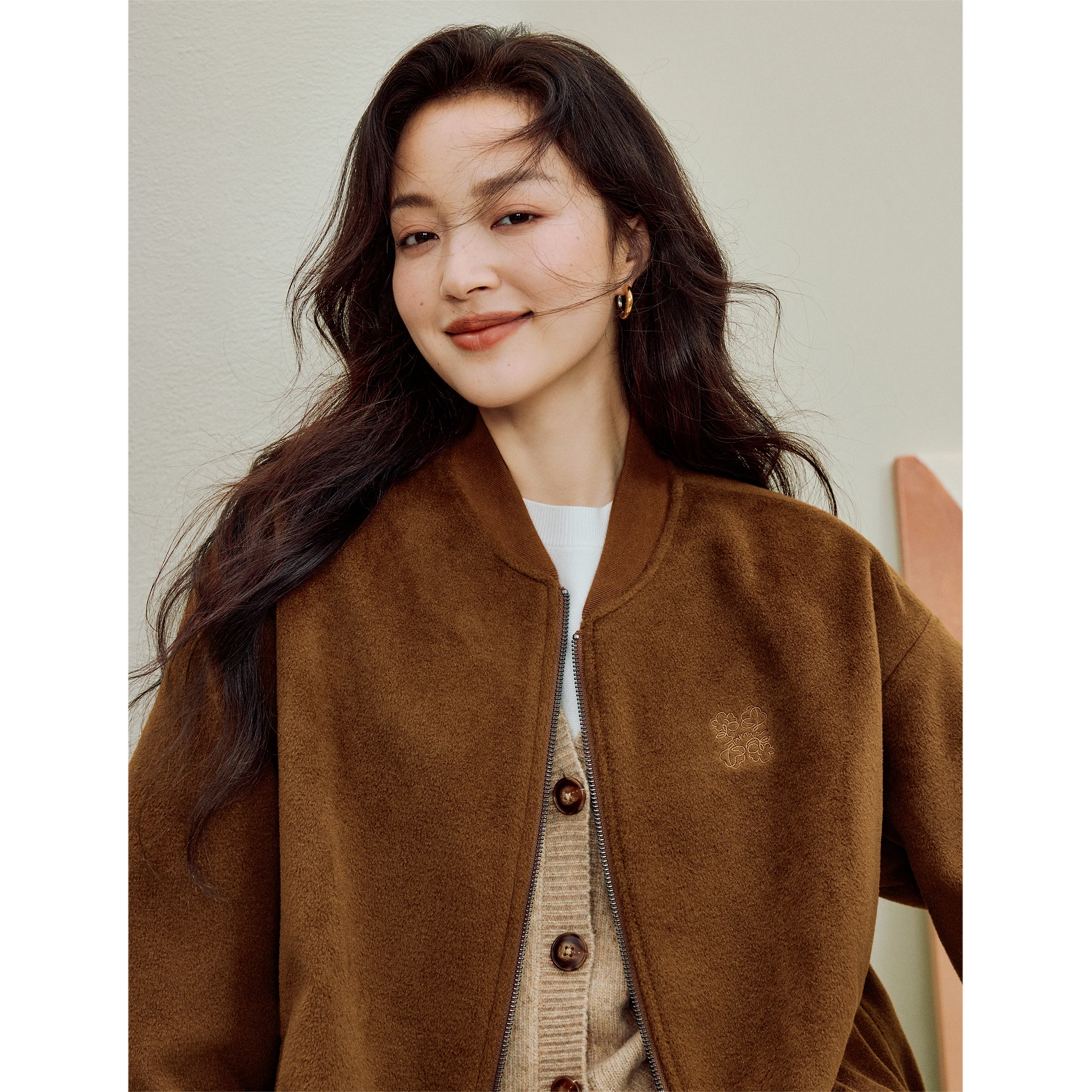 Inman Women's 2025 Autumn New Casual Loose Long-Sleeve Jacket Top - Maillard Stand-Collar Embroidered Outerwear