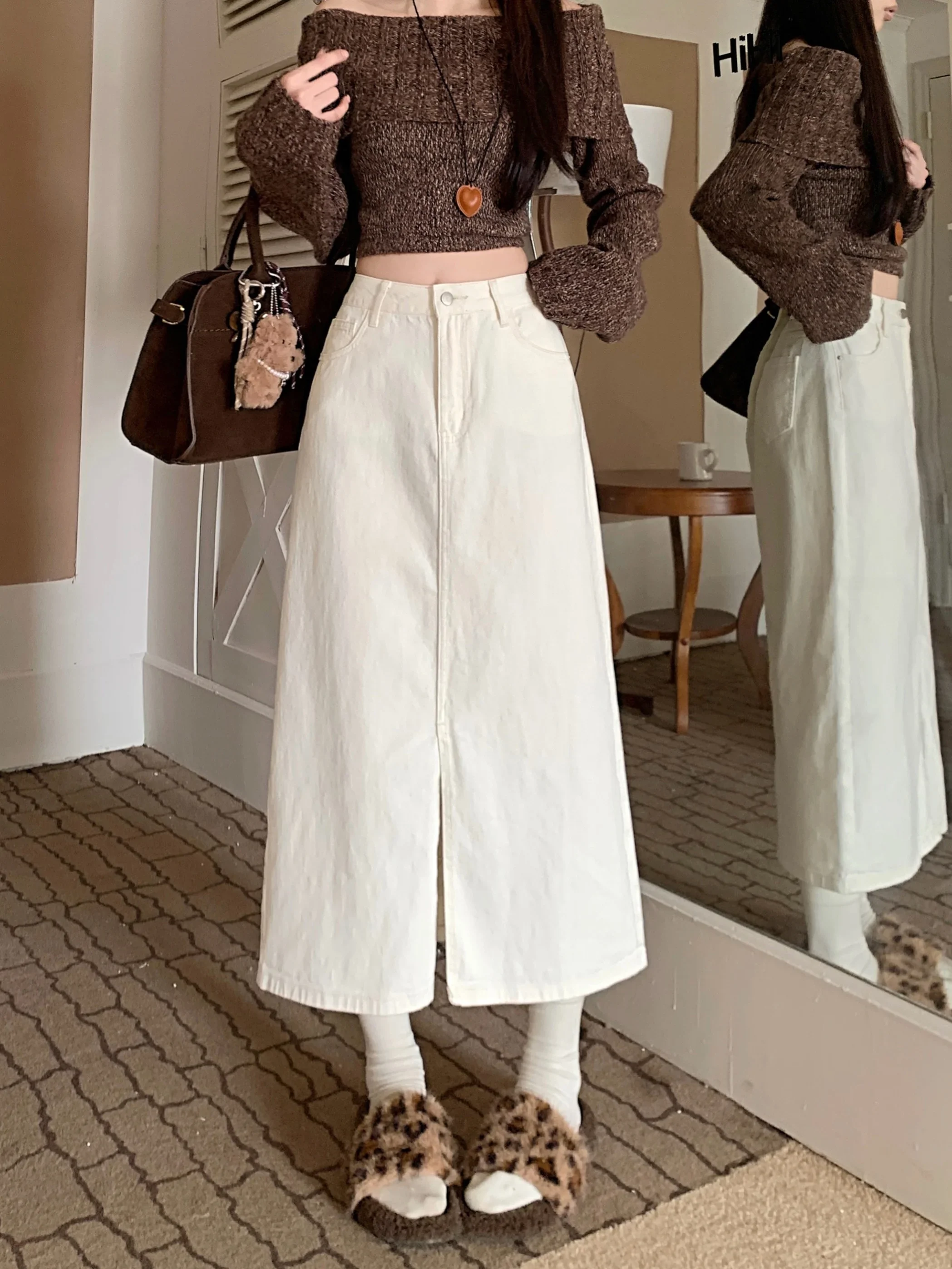Spring Trendy Slimming White Denim Skirts Korean Sle Commute High Waist A-Line Midi Skirt Women's Denim Half-length
