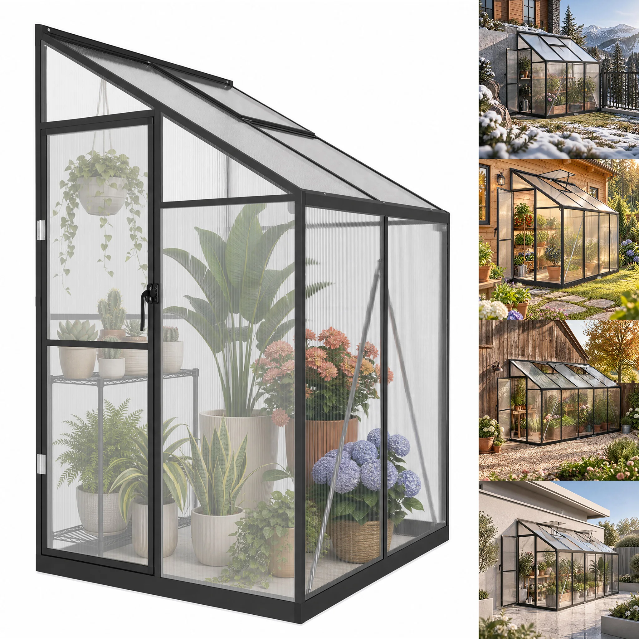 Serra in alluminio inclinata, serra per pomodori con tetto a cupola e lucernario, capanno da giardino resistente al freddo con parete posteriore, policarbonato da 4 mm
