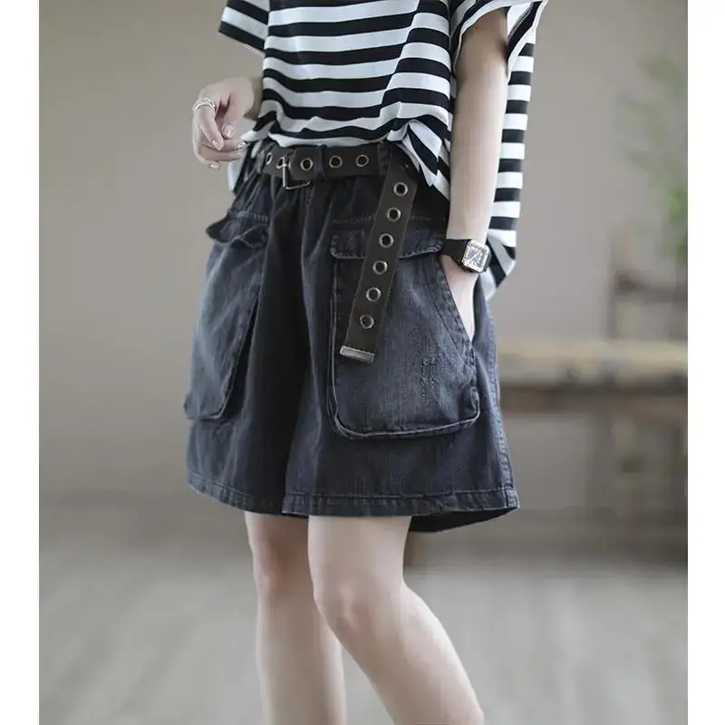 Women\'s Elastic Waist Sashes Solid Denim Shorts Summer New Korean Casual Fashion All-match Loose Pockets Wide Leg Trouser Skirts