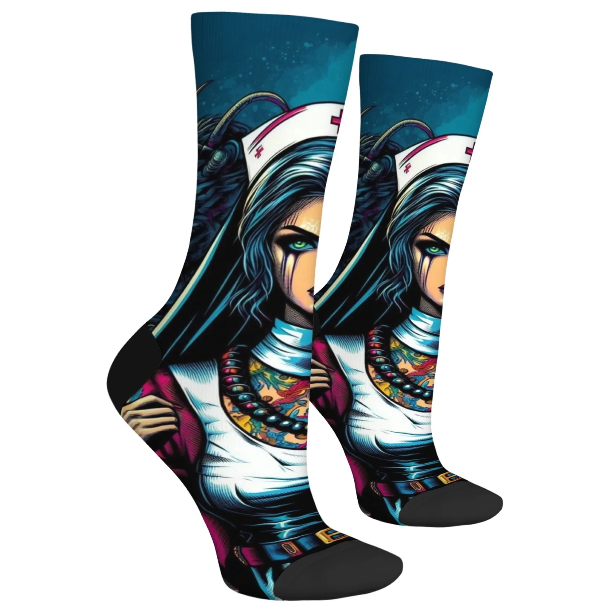 Двусторонние носки для медсестры и черепа в стиле киберпанк, уличная одежда, дышащие, мягкие, теплые, идеально подходят для сумасшедшего подарка, повседневная одежда