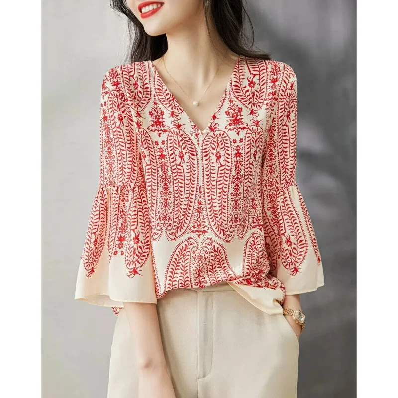 Horn Sleeve V-neck Chiffon Shirt Women's Summer Elegant Style Print Loose Fitting Pullover Seven Quarter Sleeve All-match Blouse