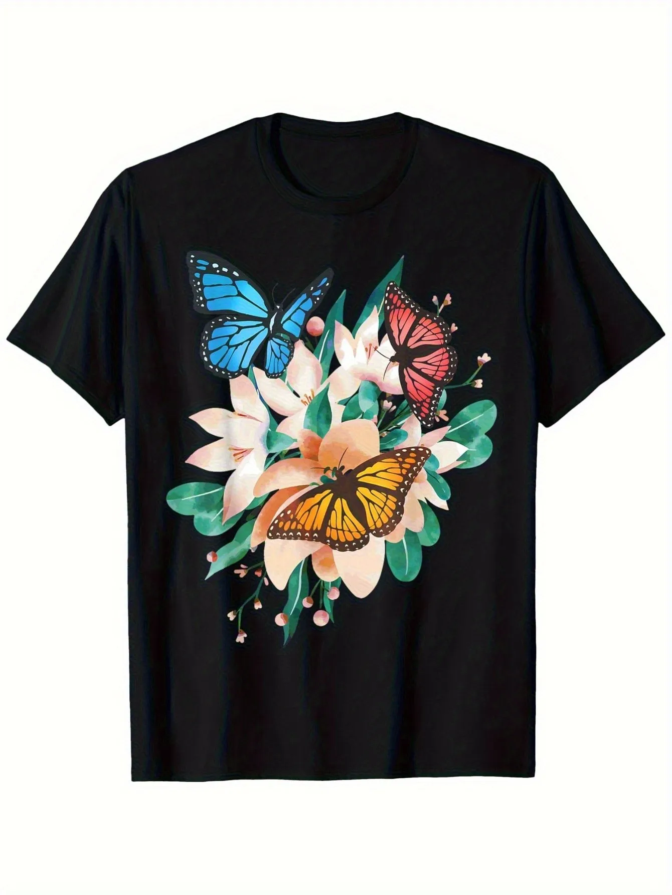 

Men's Black T-Shirt with Vivid Butterfly and Floral Print Colorful Design Showcasing Blue, Red, and Orange Butterflies on White Flowers Casual Short-Sleeve T-Shirt Suitable for All Seasons Butterfly Shirt