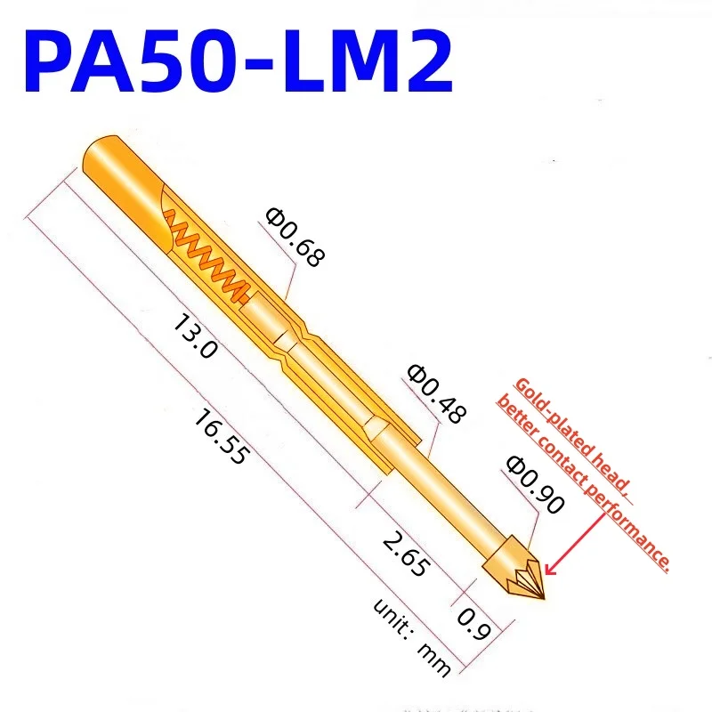 100PCS PA50-LM2 Spring Test Probe PA50-LM Test Pin Test Tool 16.55mm Dia0.68mm Gold Needle Tip Dia 0.9mm Pogo Pin P50-LM P50-LM2