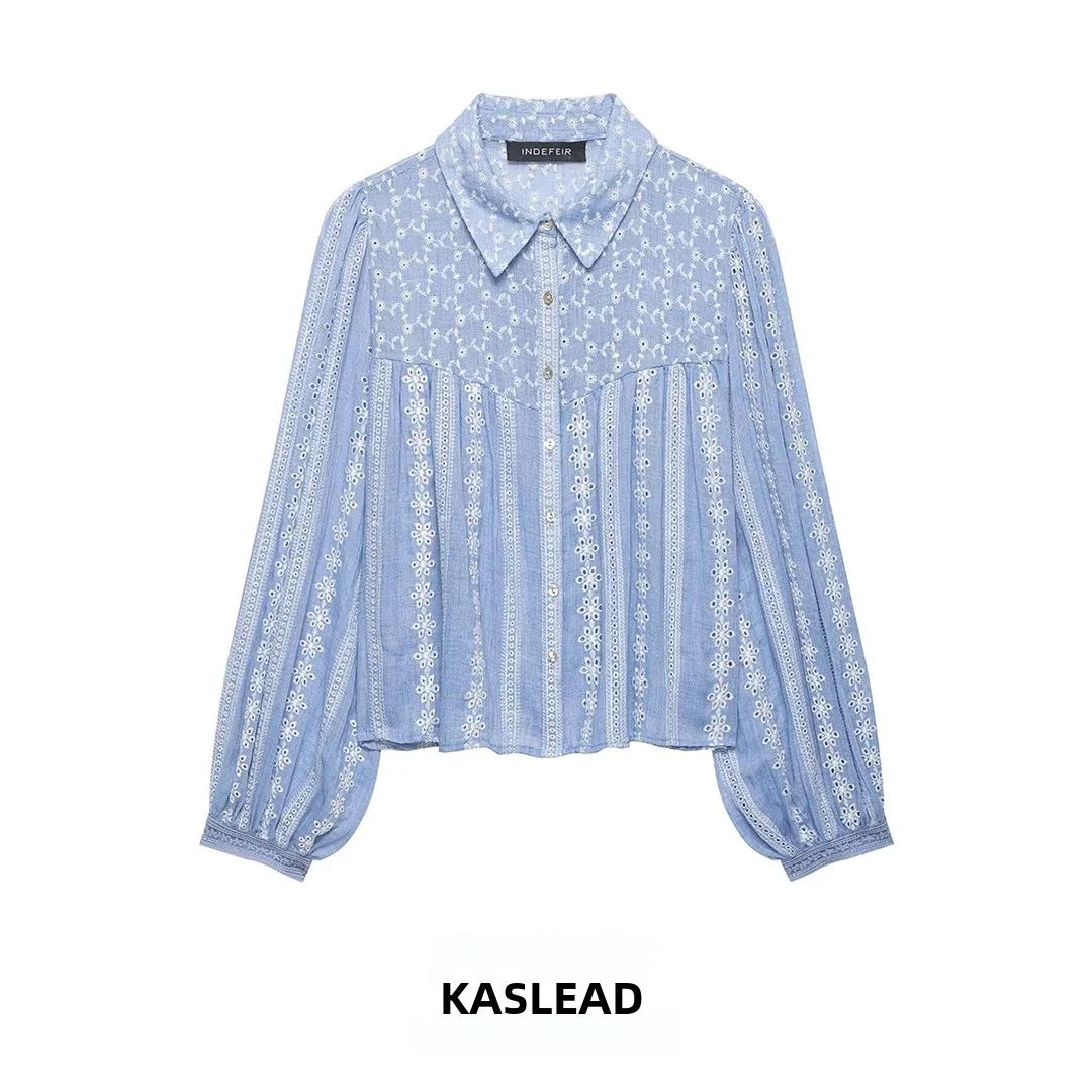 

Romantic Embroidered Hollow out Fashionable Women's Shirt KASLEAD New Style Loose Fit Polyester Long Sleeve Breathable Skin-F...