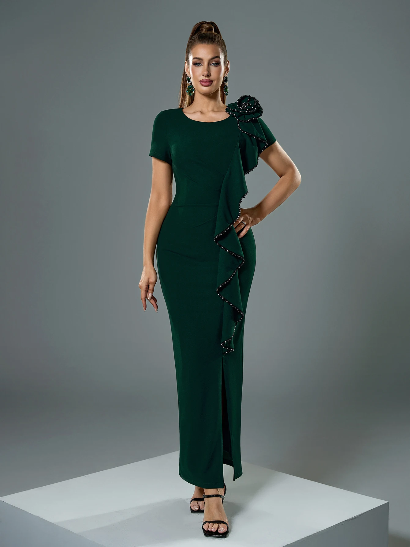 UNITHORSE جولة الرقبة قصيرة الأكمام مزين الأزهار 3D الدانتيل هملين سليم صالح ثوب أنيق مفتوح سبليت مساء اللباس #5