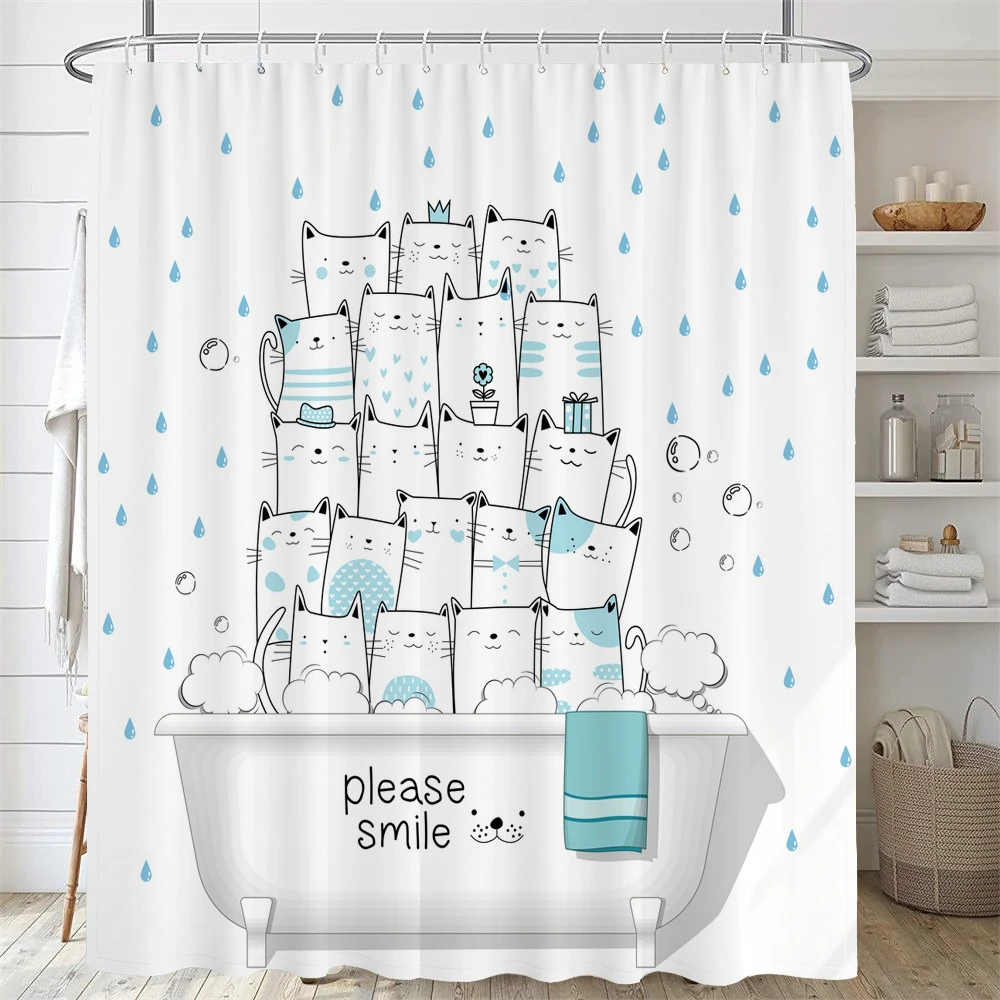 

Funny Cute Cartoon Cat Shower Curtains Bathroom Bathtub Curtain Children Baby Waterproof Bath Curtain Home Decor with Hooks