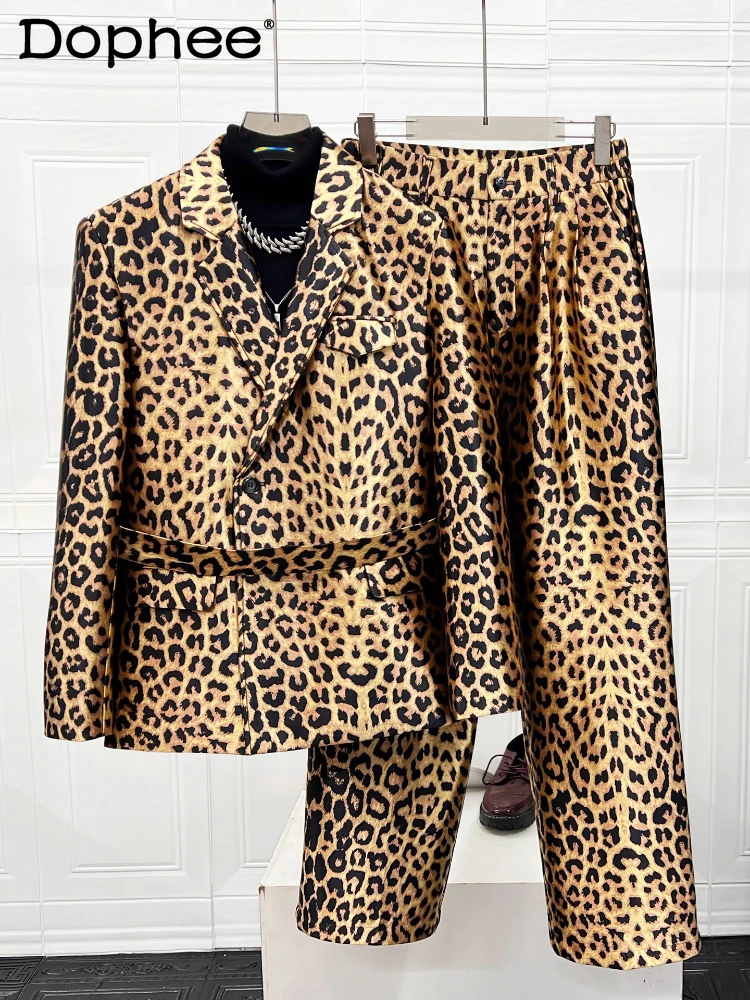 

Stylish Retro Leopard Print Suit Sets Men 2025 Autumn New Loose Stylish Suit Jackets Trousers High Street Trendy Two-Piece Sets