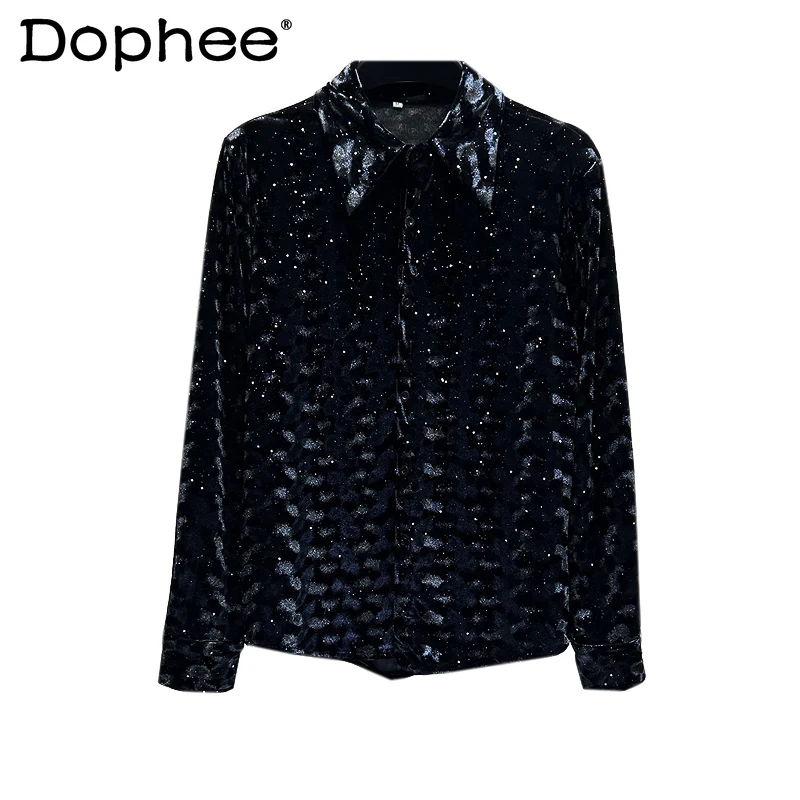

2025 Spring Autumn New Style Personality Fashion Velvet Long Sleeve Shirt Men Korean Fashion Trend Casual Versatile Black Shirt