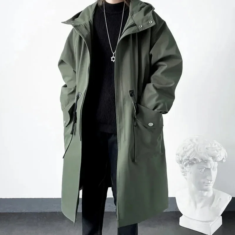 

Spring Autumn Army Green Windbreaker Fashion Men's Mid-length Casual Hooded Coat Men Daily High Street Overcoat Male Clothes