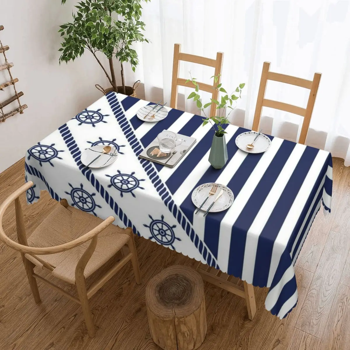 Customized Nautical Wheel Navy Blue Stripes Rectangular Tablecloth Oilproof Table Cloth Table Covers