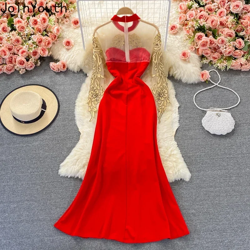 

Autumn Cheongsam Dresses for Women Fashion Gauze Embroidery Evening Dress Elegant Long Sleeved Vestidos Split Long Robe Clothes