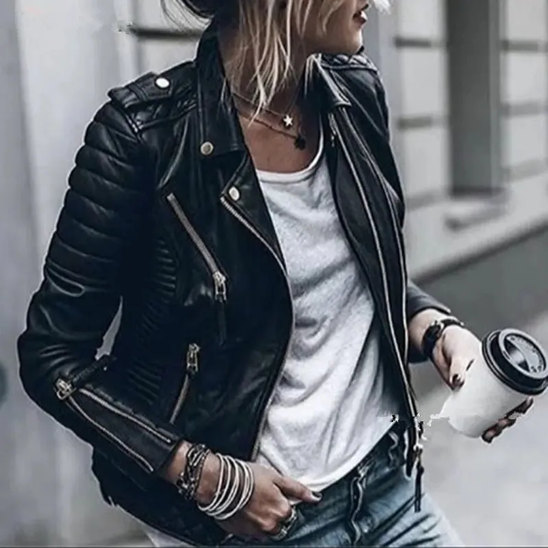 Vintage damskie kurtki skórzane Faux Leather Moto wiosenna kurtka Bomber dwie zamki Drive płaszcz motocyklowy PU wiatrówka znosić jesień