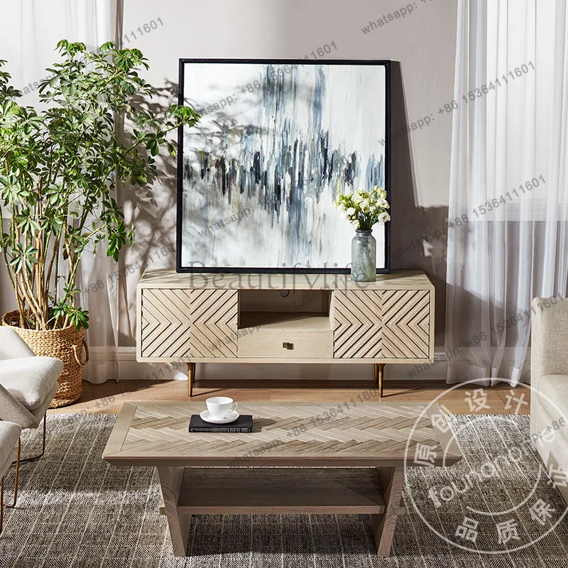 Nordic Solid Wood TV Cabinet Wabi Sa Middle Ancient Geometric Splicing Drawer Locker