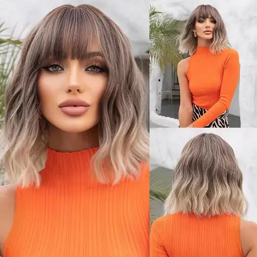 

Women Grey Wavy Wigs with Bangs Short Blonde Ombre Synthetic Wig With with Dark Roots Natural Hair for Daily Use