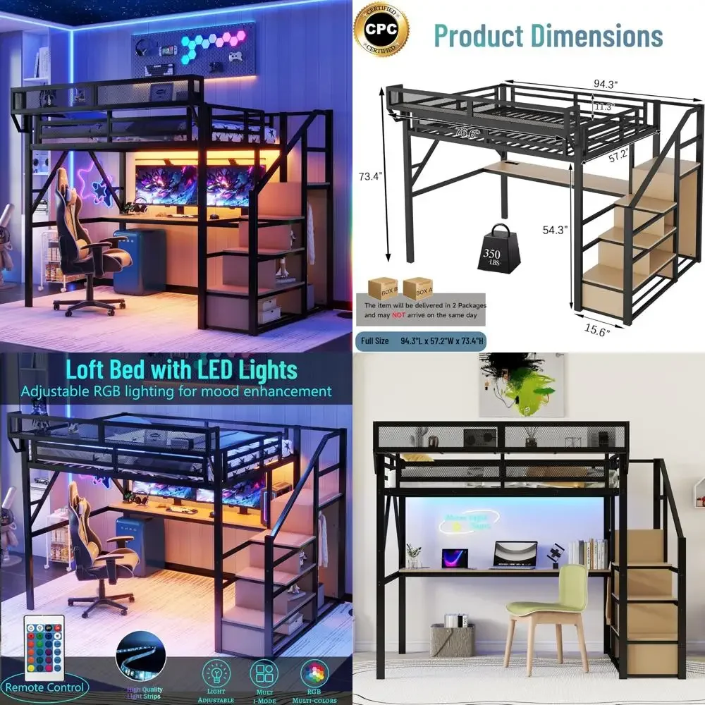 Metal Staircase Loft Bed with Desk, Shelf, and RGB Lighting Storage