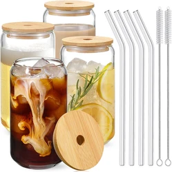 16oz Glass Cup With Wooden Lid And Straw Juice Drink Beer Mug Coffee Milk Transparent Water Cup Drinkware