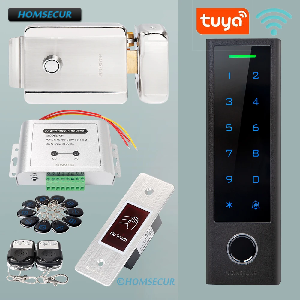 HOMSECUR IP65 Tuya APP Smart WIFI Access Control System RFID Password Fingerprint Unlock 12V Electric Rim Lock IR Exit Button