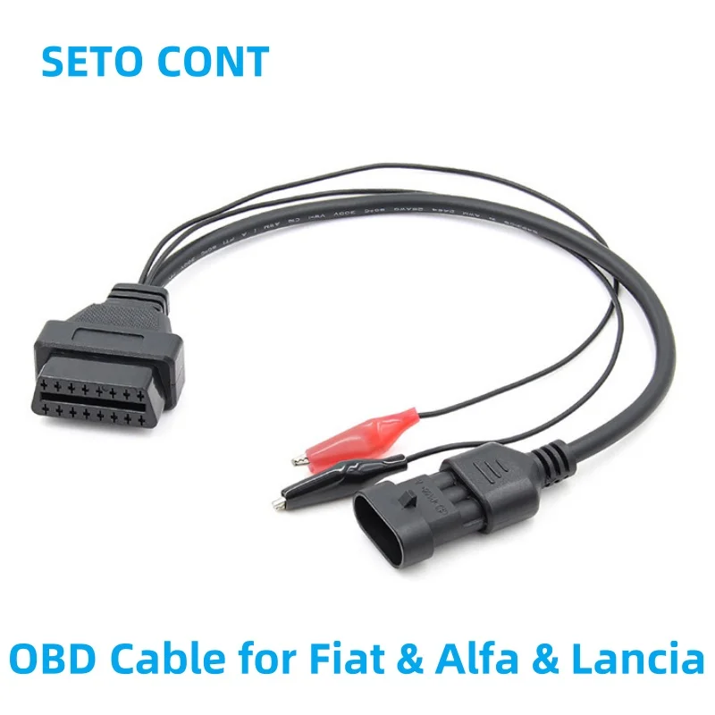 OBD Cable Adapter for Fiat Lancia Alfa Remeo 3 Pin Male to 16 Pin Female OBDII Extension Cable with Red Black Alligator Clips