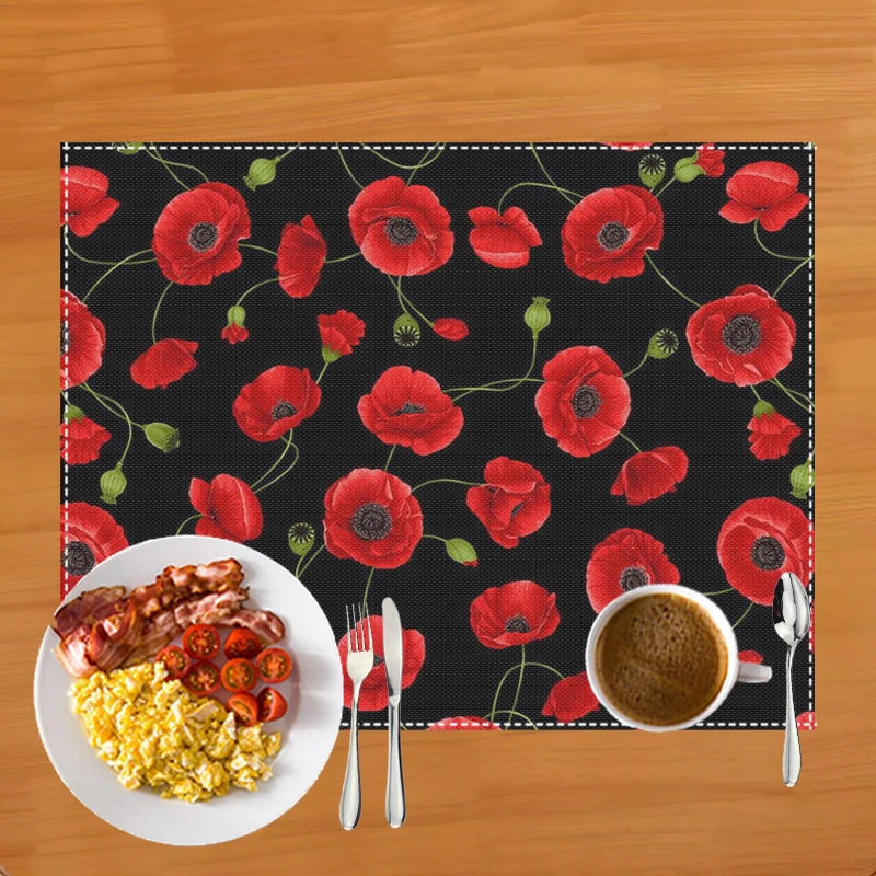 Fashion Red Poppy Flowers Print Table Mats for Dining Coffee Cup Coaster Linen Placemat Kitchen Accessories Dish Drying Pads