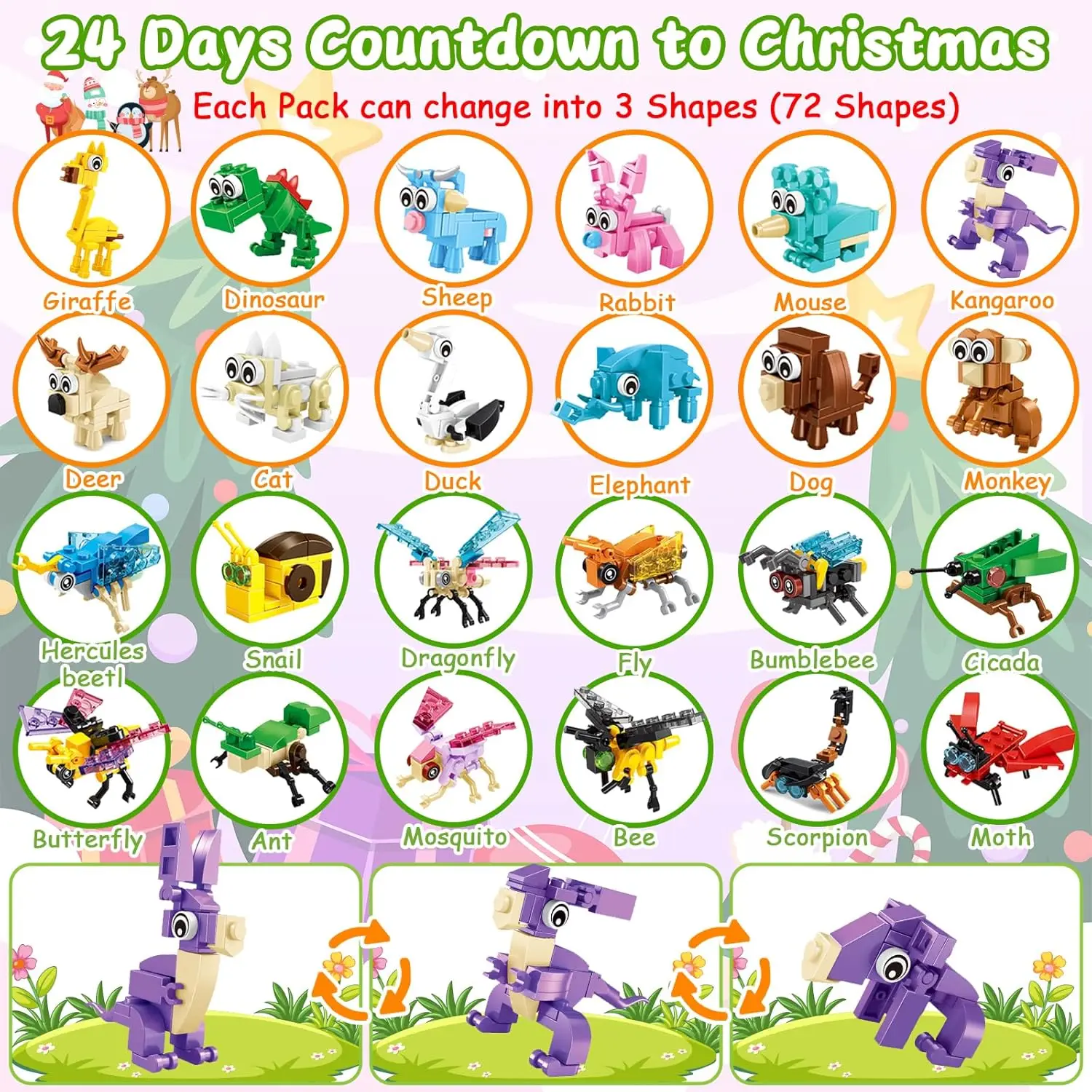 24 Packungen Tierbausteine, Countdown für Weihnachtsfeiern, Weihnachtsgeschenke für Kinder, Jungen und Mädchen im Alter von 4–12 Jahren