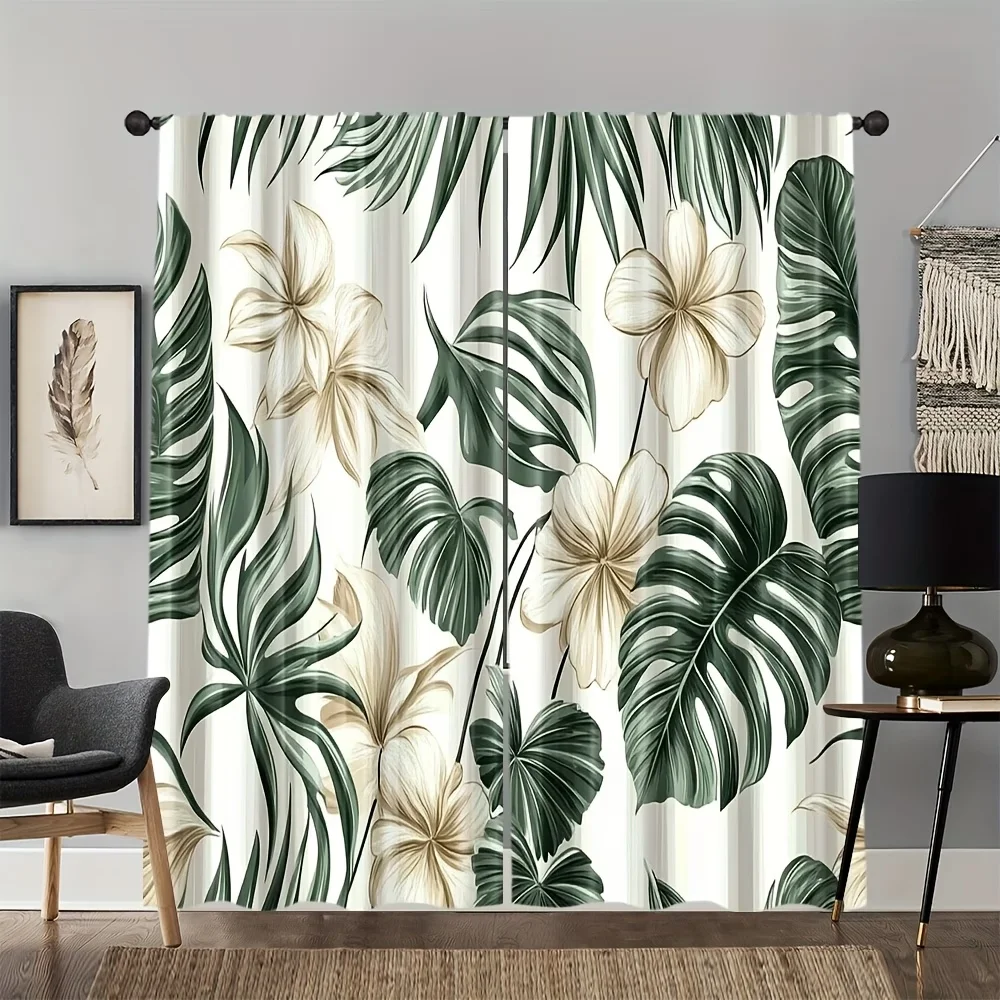 2PCS Digital Printed Curtains, Taro Leaves White Flowers Tropical Botanical, Window Drapes for Living Room Bedroom Home Decor