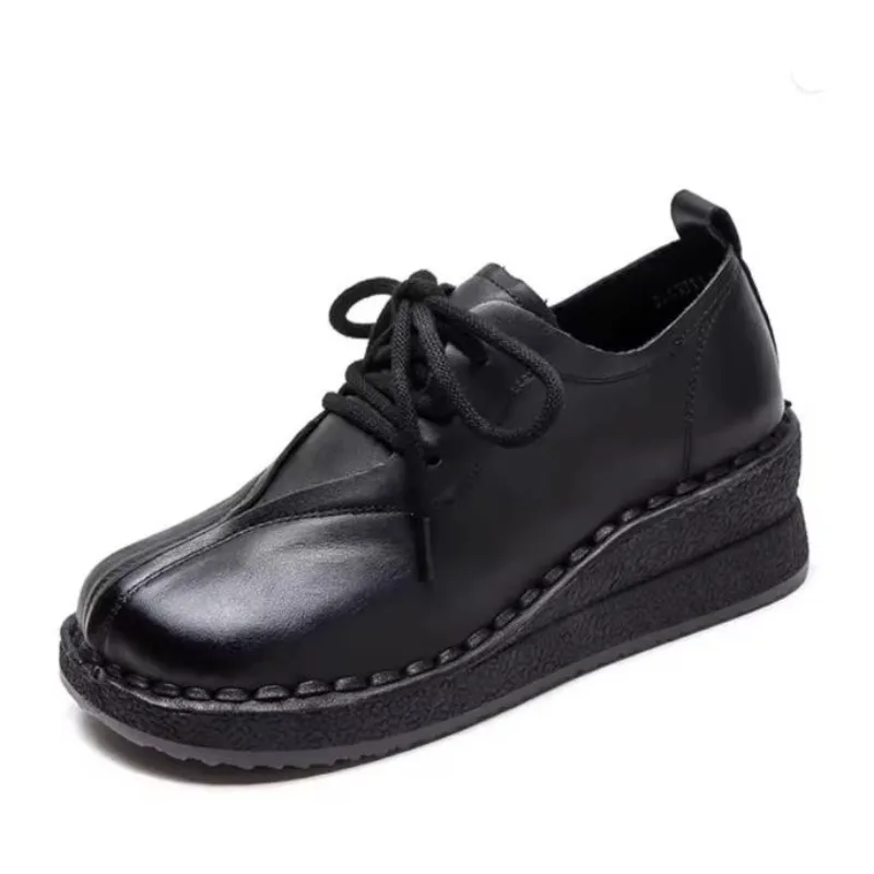 

Spring Autumn Women Wedges Heel Shoes Handmade Retro Cow Genuine Leather Retro Literary Style Mother Casual Single Shoes