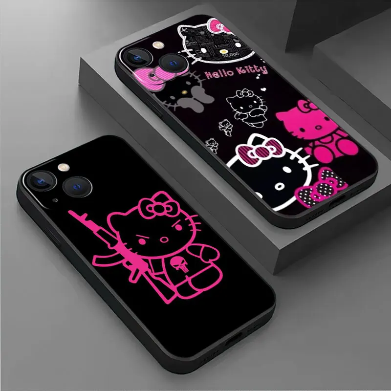 Custodia per telefono per iPhone 11 12 13 14 Pro Max Mini XS XR X 8 7 6S 6 15 se Plus Cover in Silicone nero Fundas Cute Cool Hello Cat