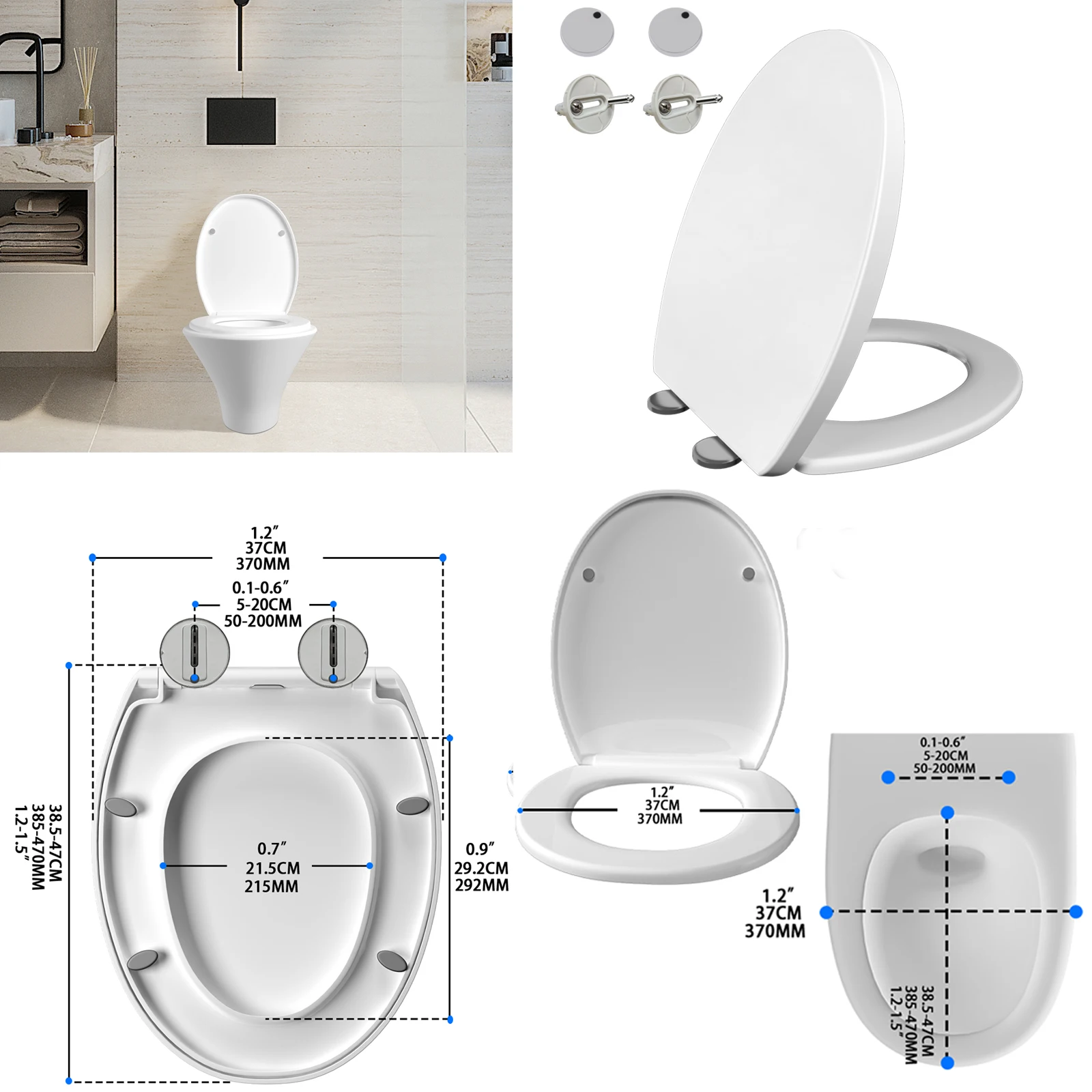 Siège de toilette à fermeture douce pour salle de bain, forme ovale, couvercle WC à maintien ferme, charnières à dégagement rapide, fixations incluses