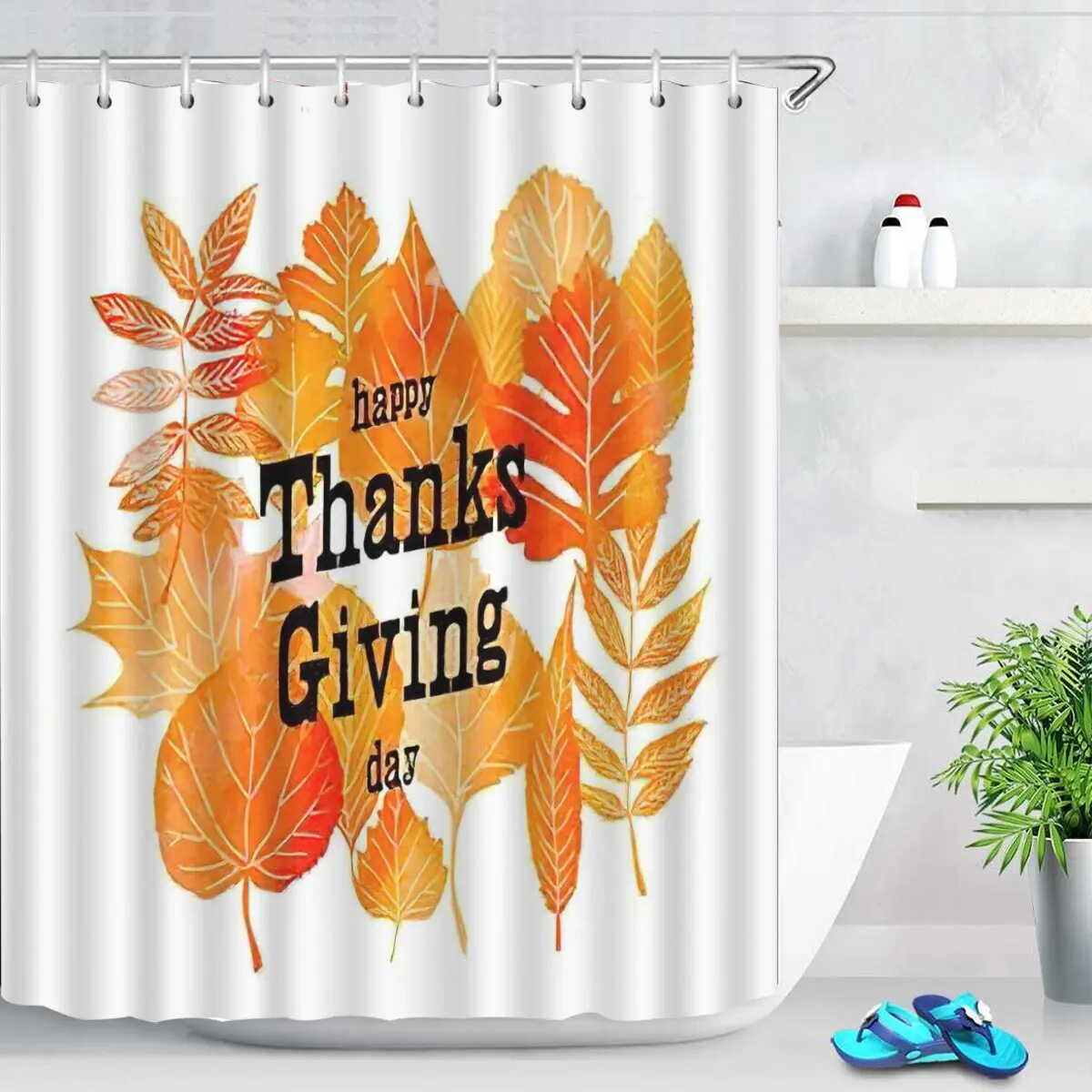 Yellow Fallen Leaf Shower Curtain Turkey Bathroom Curtain Fall Harvest Thanksgiving Home Bathroom Polyester Waterproof Trim Hook