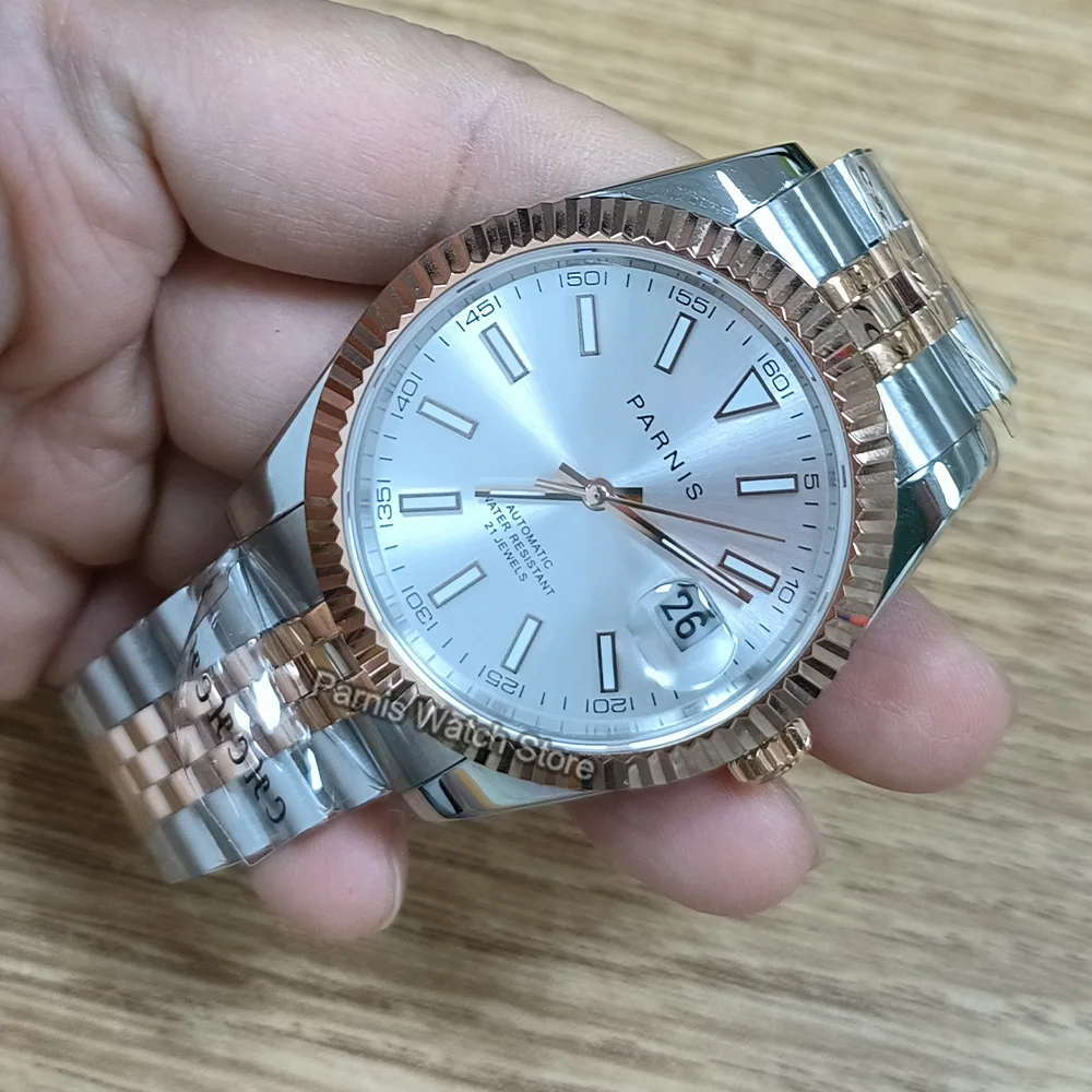 Parnis 39,5 mm Japan Miyota8215 Automatikwerk, weißes Zifferblatt, leuchtende Marker-Herrenarmbanduhr