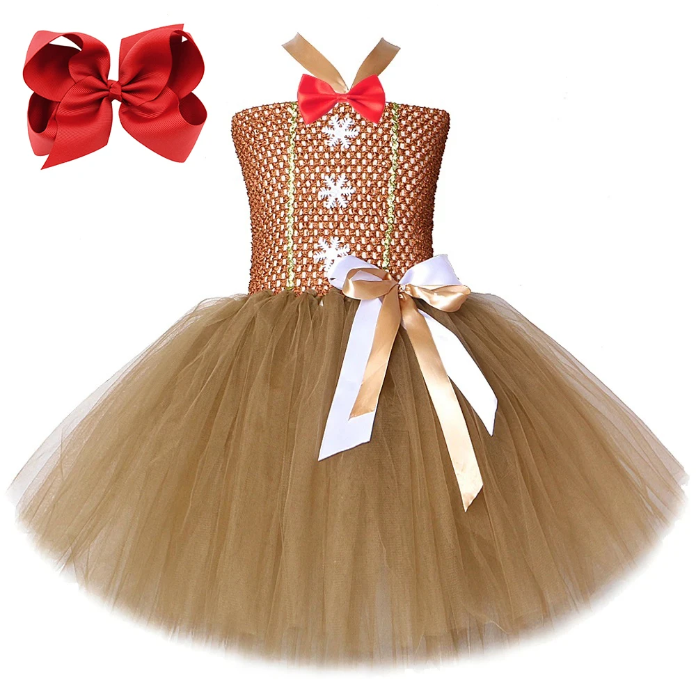 Brown Gingerbread Man Tutu Dress for Girls Christmas Carnival Costumes for Kids Xmas Holiday Outfits Children New Year Clothes