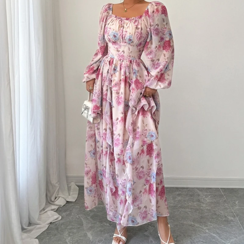 

Floral Print Dress Women Long Dresses A Line Vestidos Full Sleeve Party Night Elegant High Waist Y2k Streetwear Work Summer 2025